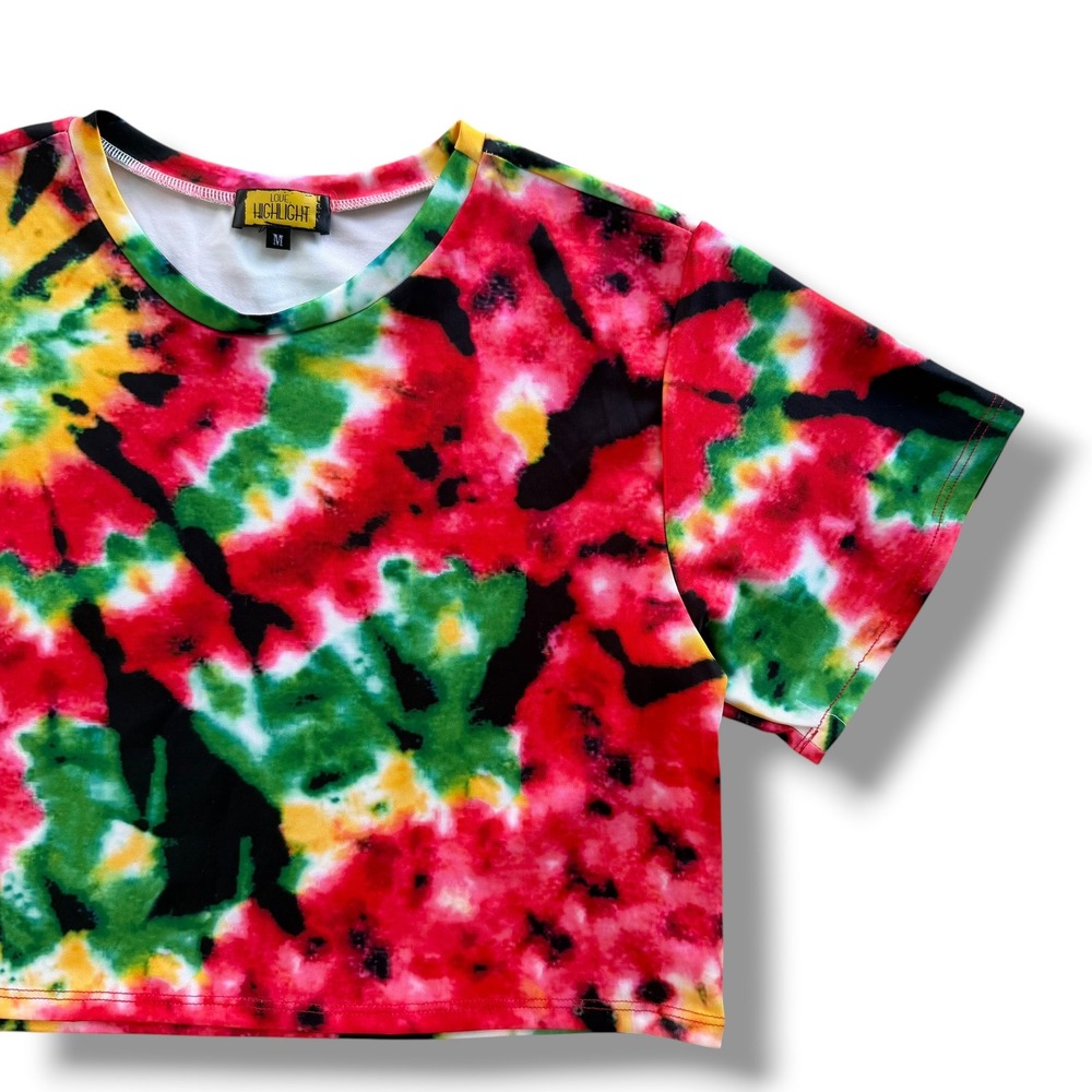 Love‎ Highlight Women's M Red Green Yellow Tie Dye Short Sleeve Crop Top Tee Y2K